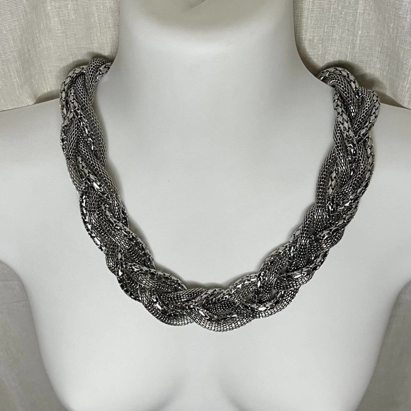 Multi Strand Shiny Braided Chunky Tube Silvertone Metal Chain Necklace - Picture 2 of 12